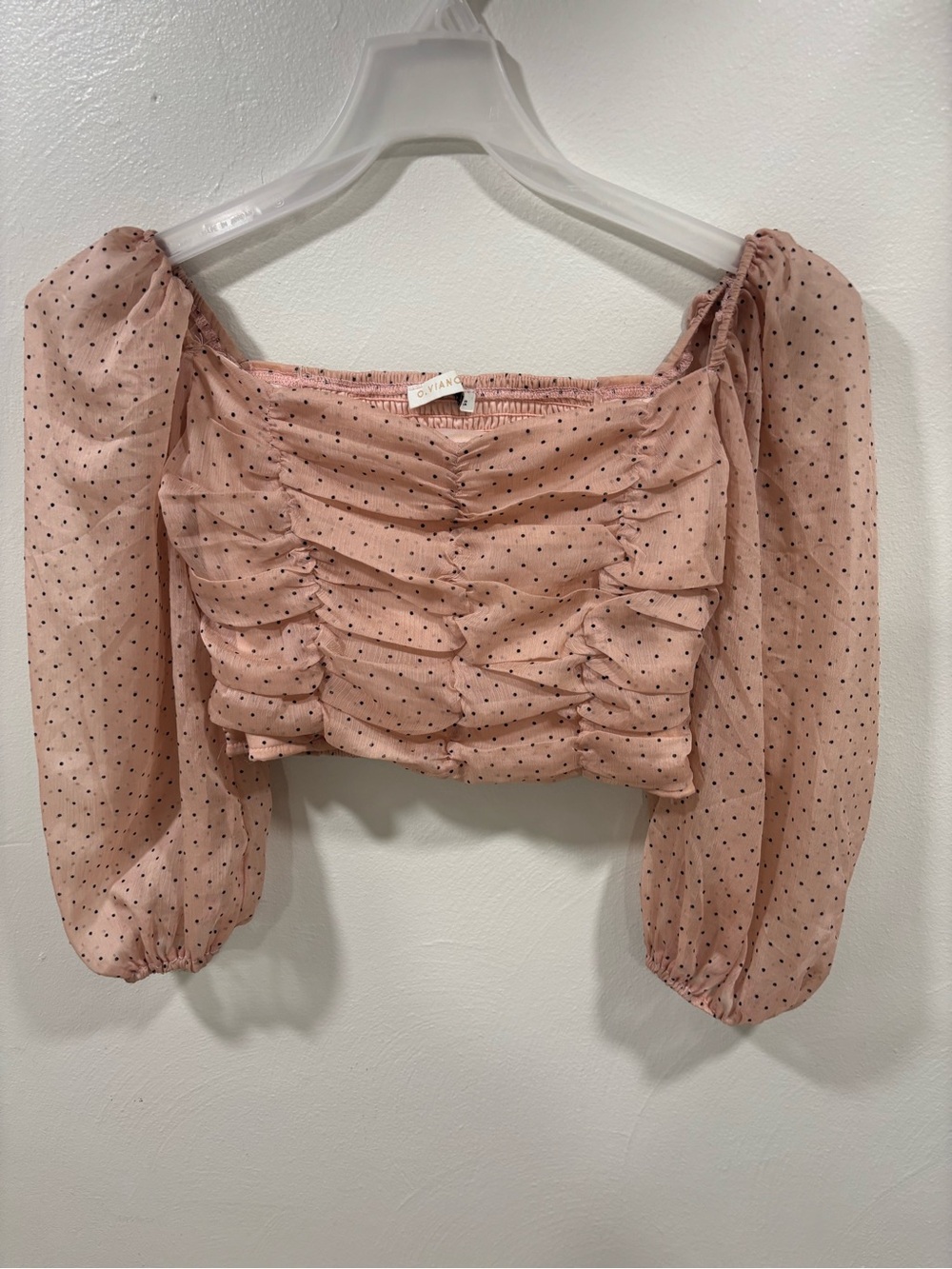 Ruched Polka Dot Puff Sleeve Crop Top in Blush Pink
